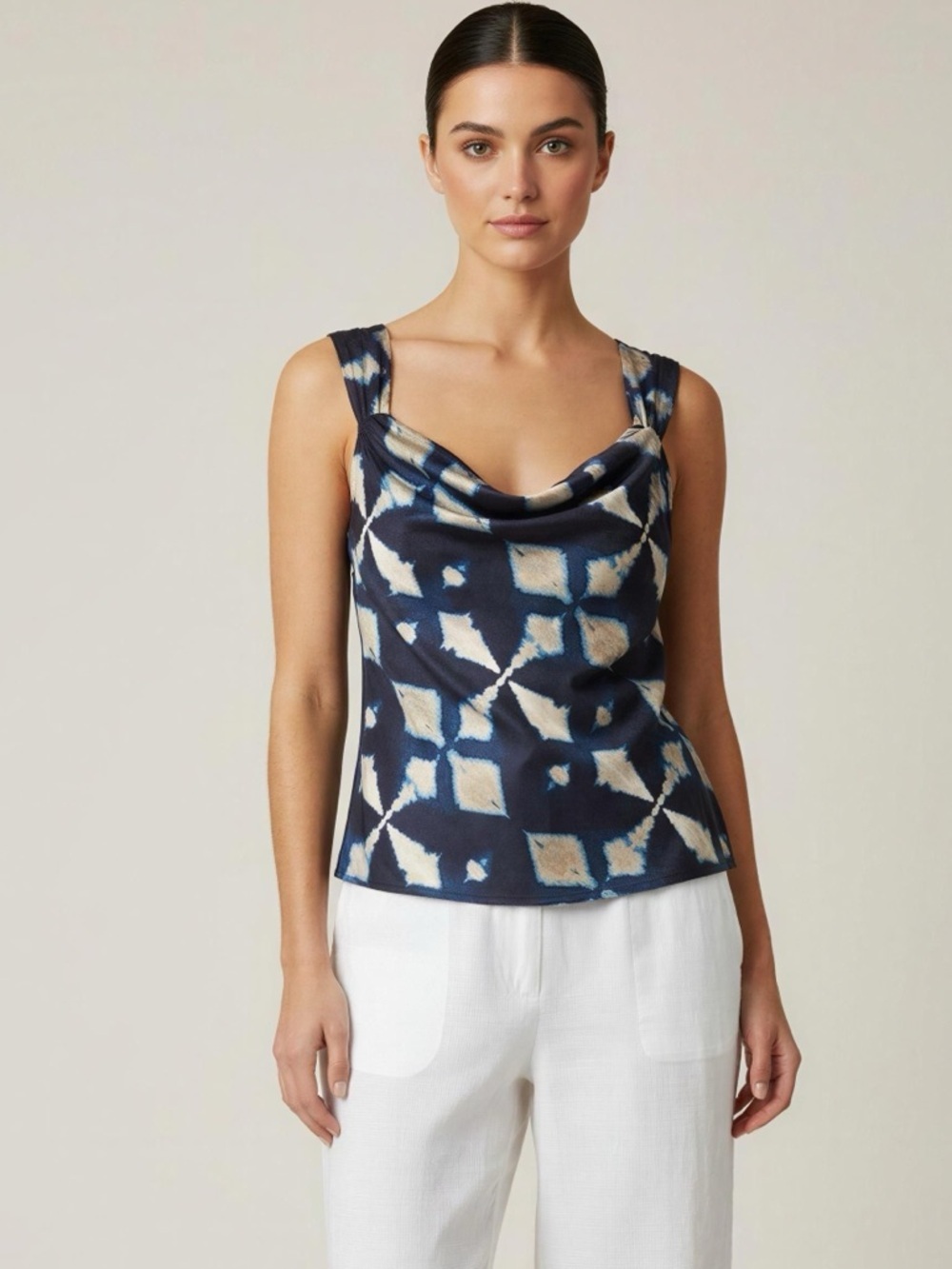 Banana Republic Navy and Beige Silky Cowl Neck Abstract Print Tank Top Blouse